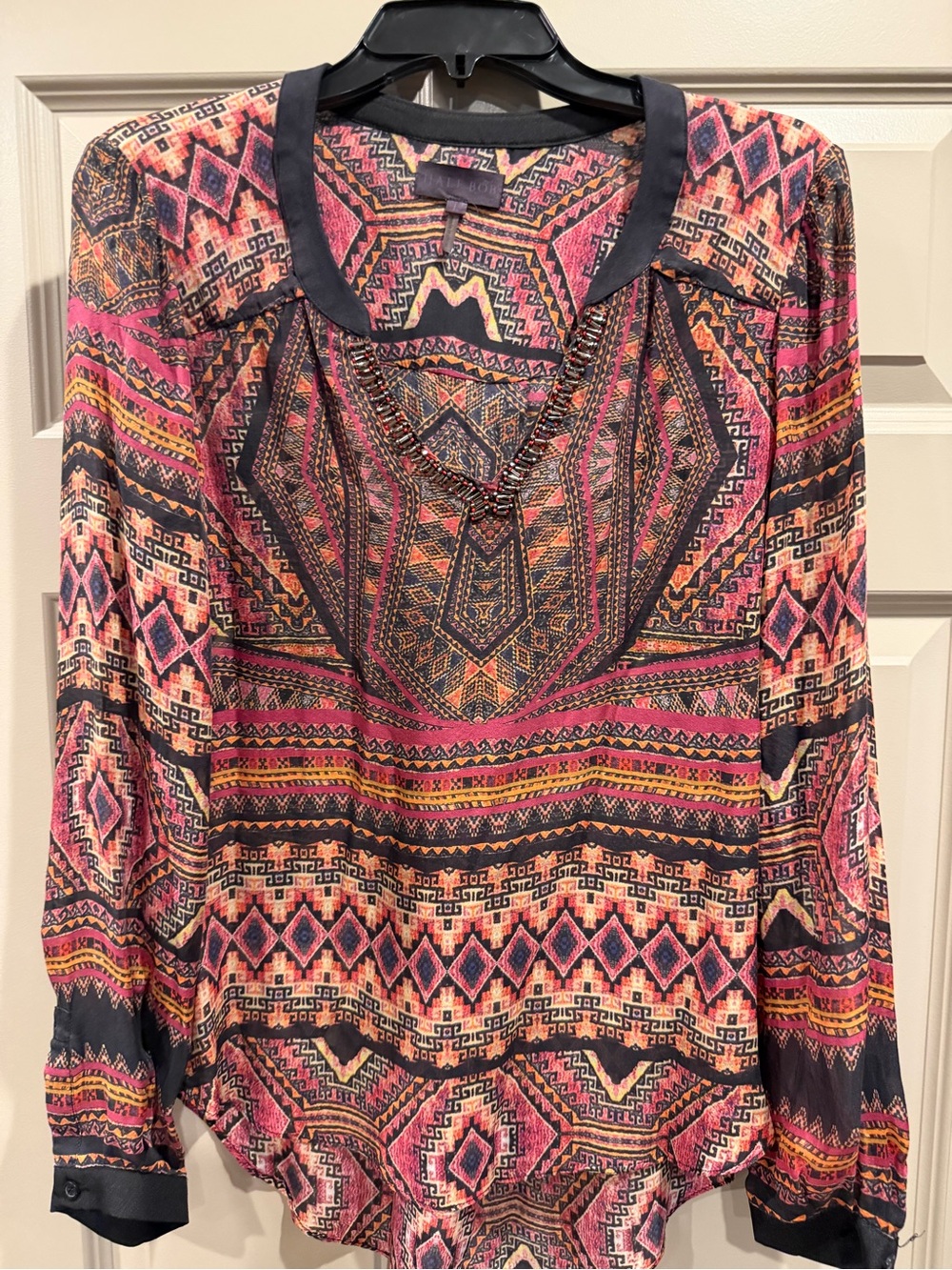 Like New Hale Bob 💯 Silk beaded Red Southwestern V-Neck Women's Blouse